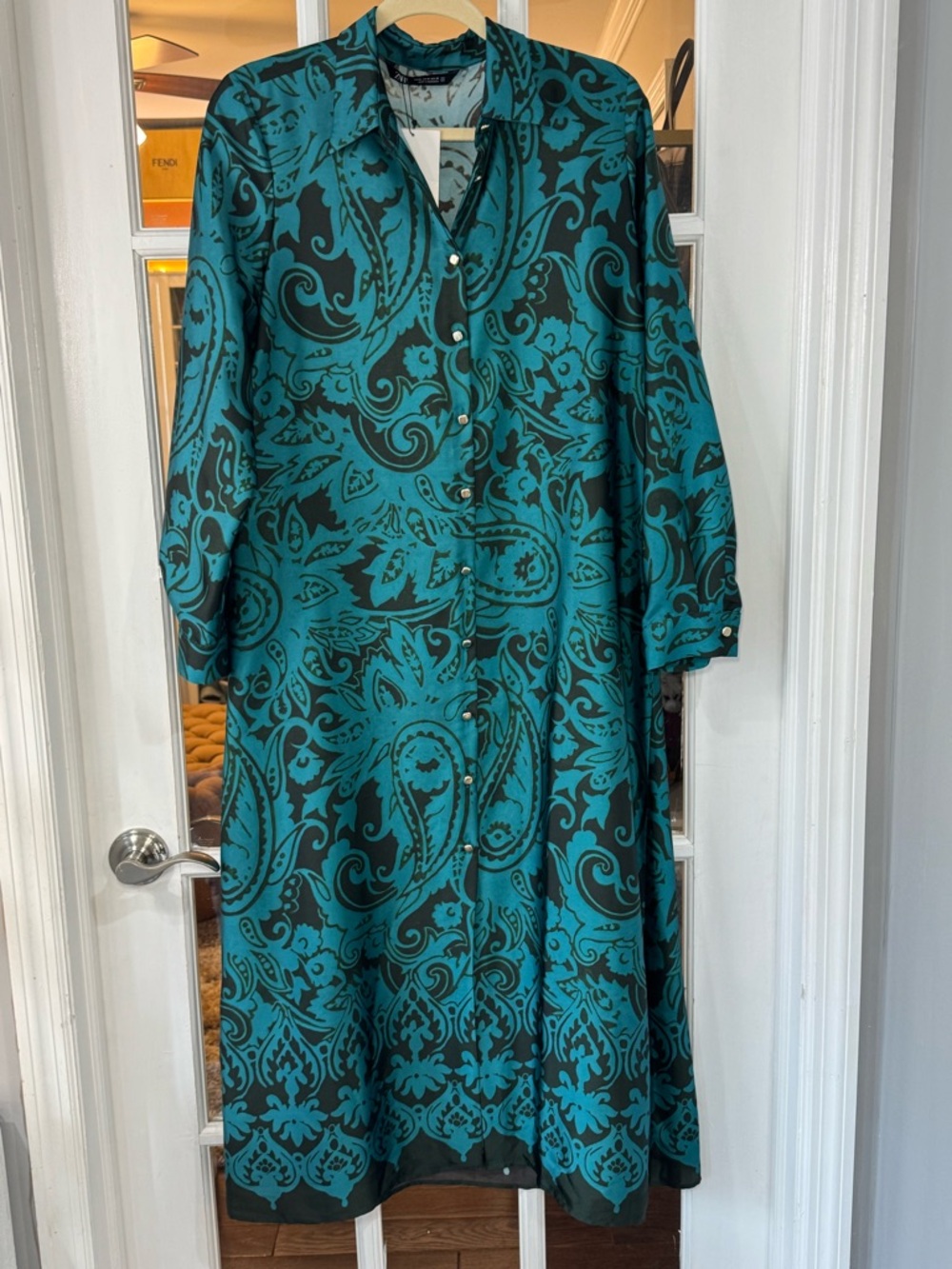 Zara Teal and Black Paisley Long Sleeve Dress satin maxi button down gold accent - Picture 2 of 6